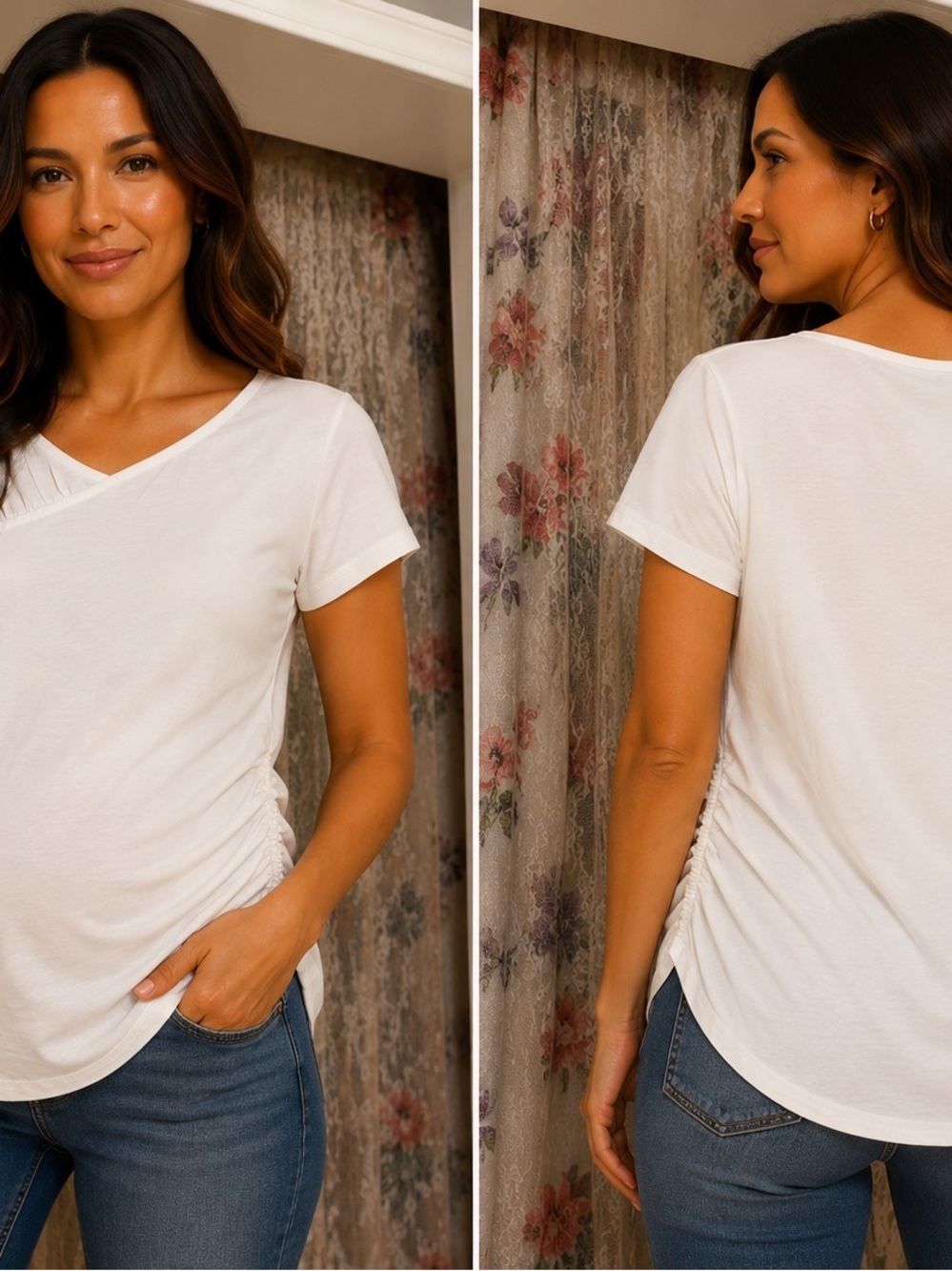 SHEIN Cream Ruched Side V-Neck Short Sleeve Tee